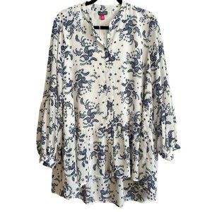 Women's Plus Size Vince Camuto 1X Long Sleeve Button Up Tunic Blouse, Blue, Whit